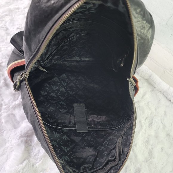 ARMANI JEANS Black Leather Backpack With Red White Stripe on The Side Pocket - Picture 10 of 15